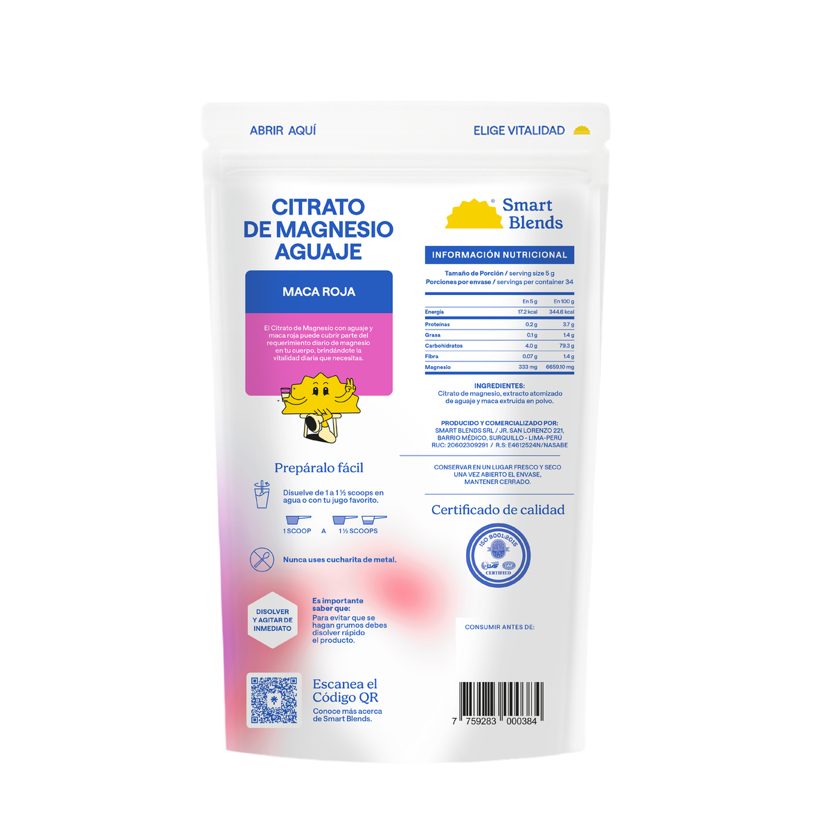 Citrato De Magnesio En Polvo Con Maca Roja Y Aguaje 170g