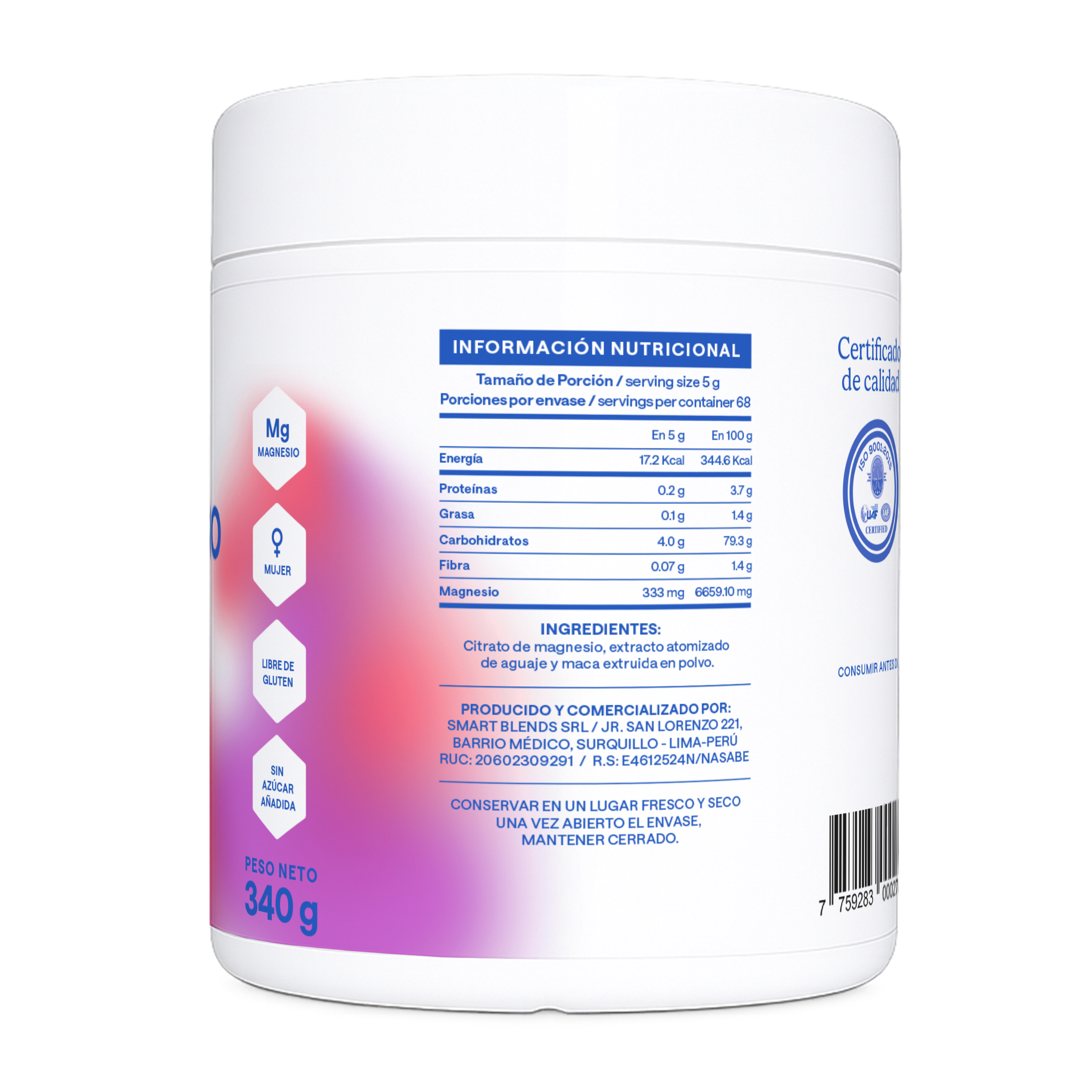 Citrato De Magnesio En Polvo Con Maca Roja Y Aguaje 340g